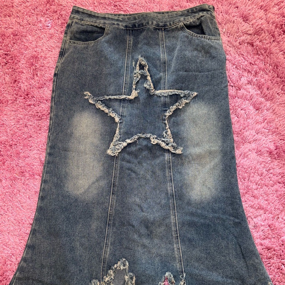 Stylish Blue Denim Star-Patterned Women's midi skirt